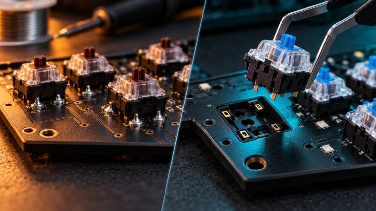 Soldered mechanical keyboard switches compared with a removable hot-swap switch and socket