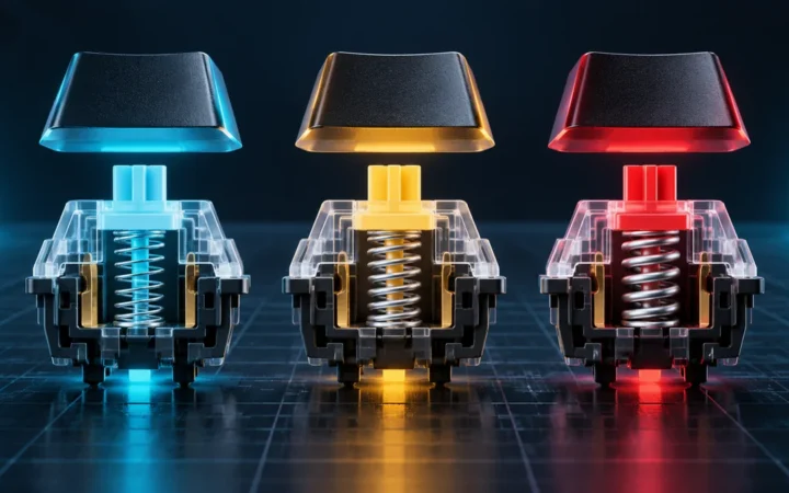 Three mechanical keyboard switches with light, medium, and heavy springs representing 45g, 55g, and 67g actuation force