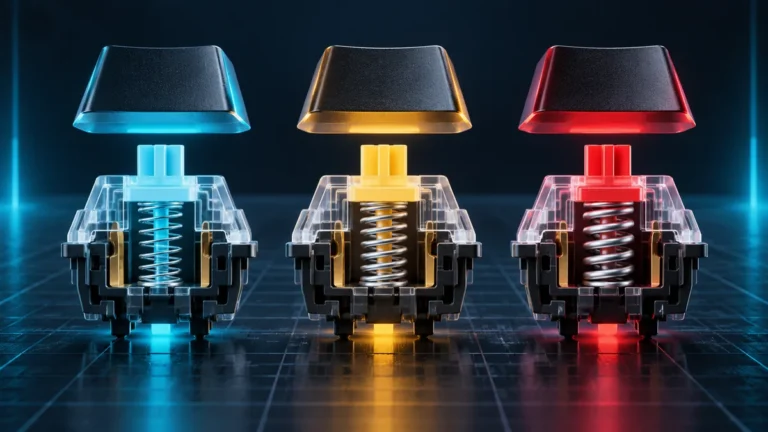 Three mechanical keyboard switches with light, medium, and heavy springs representing 45g, 55g, and 67g actuation force