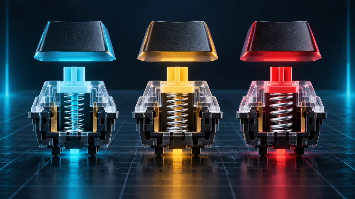 Three mechanical keyboard switches with light, medium, and heavy springs representing 45g, 55g, and 67g actuation force